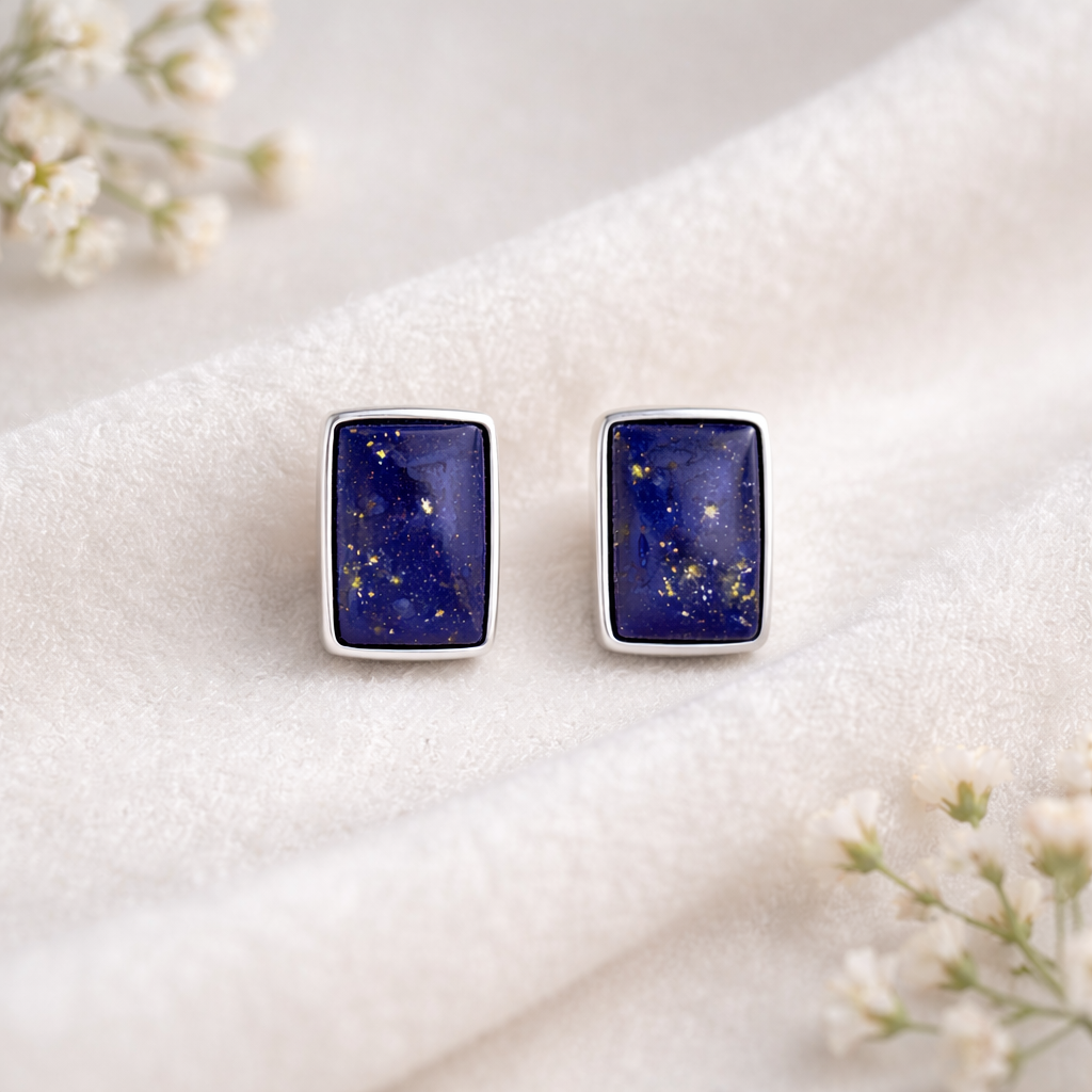 Lapis Lazuli Stud Earrings in 925 Sterling Silver – Rectangular Natural Blue Gemstone Studs