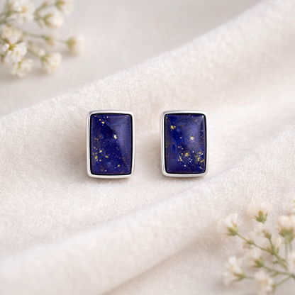 Lapis Lazuli Stud Earrings in 925 Sterling Silver – Rectangular Natural Blue Gemstone Studs