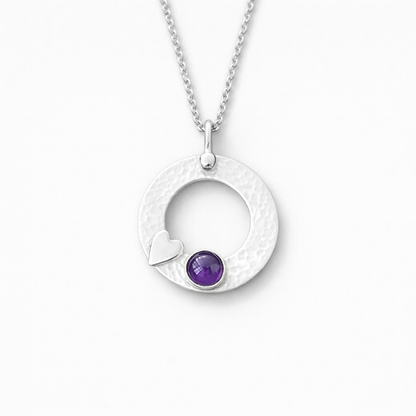 Amethyst Sterling Silver Circle Necklace – February Birthstone Heart Pendant
