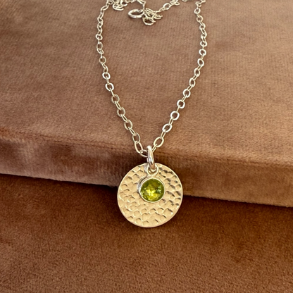Minimalist Sterling Silver Disc Necklace with Green Peridot Charm