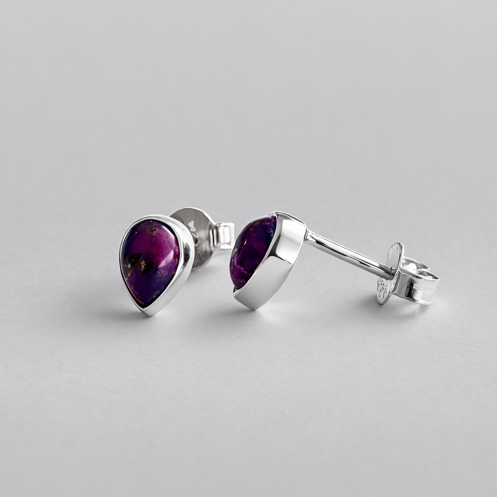 Purple Mohave Turquoise Teardrop Stud Earrings in 925 Sterling Silver