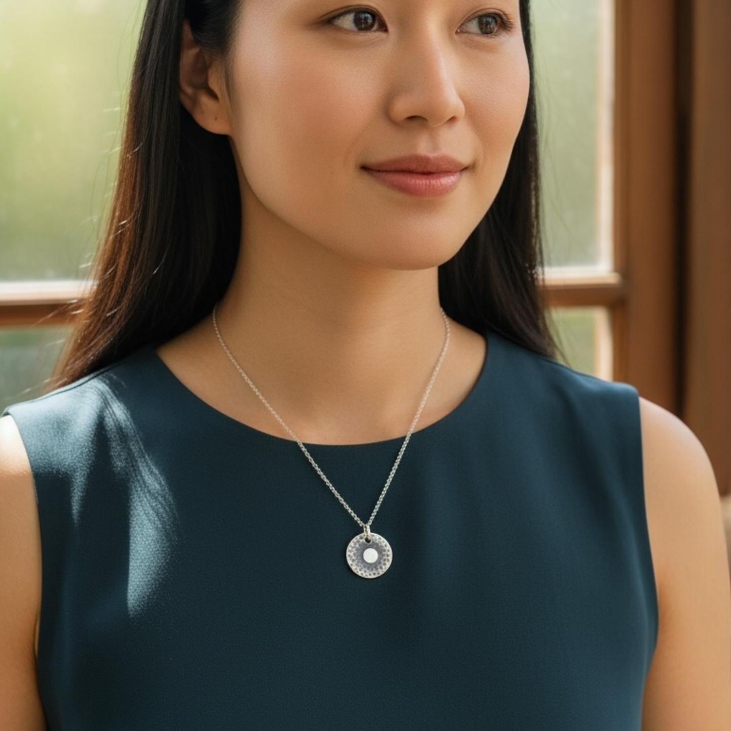 Handmade Sterling Silver Hammered Disc Necklace Textured and Oxidised Design
