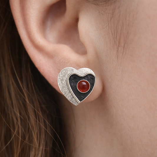 Carnelian sterling silver heart stud earrings.
