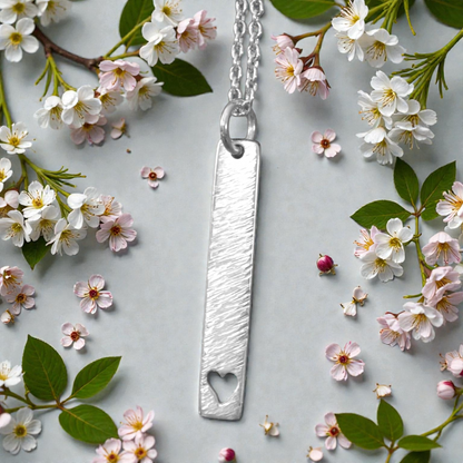 Hammered heart sterling silver rectangular necklace.
