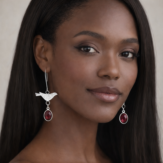 Sterling Silver Bird & Garnet Dangle Earrings