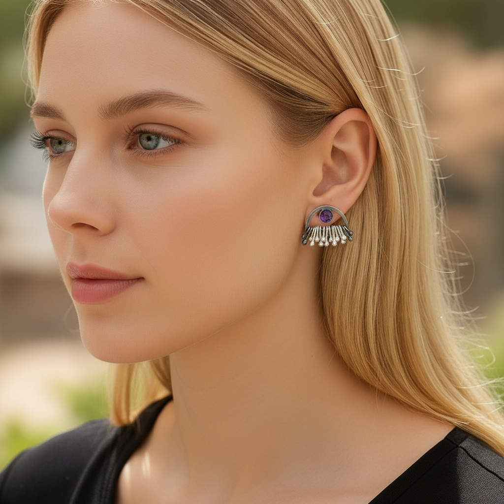 Amethyst Sterling Silver Dangle Stud Earrings