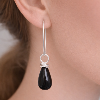 Black onyx briolette sterling silver earrings