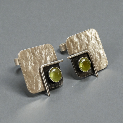 Peridot August birthstone, square sterling silver oxidised stud earrings. Made to order.