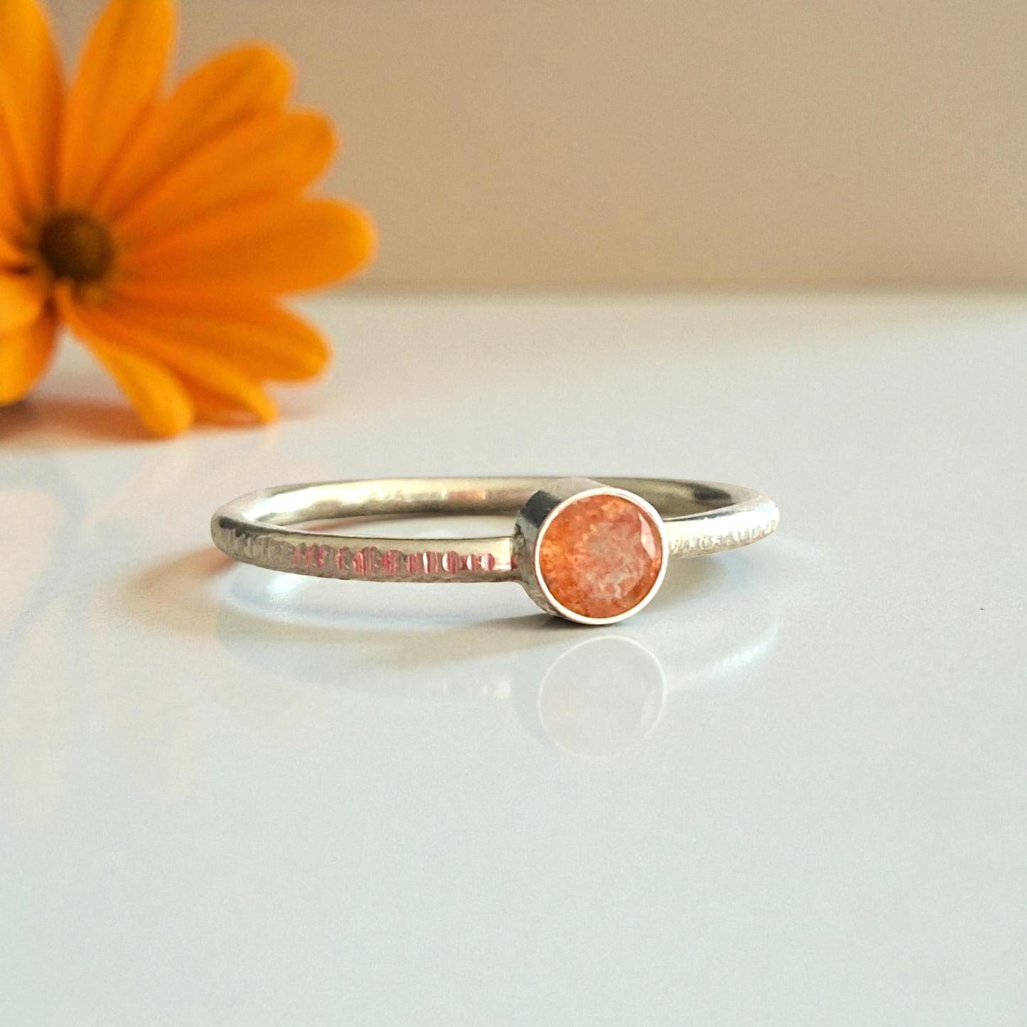 Sunstone textured stackable sterling silver ring.