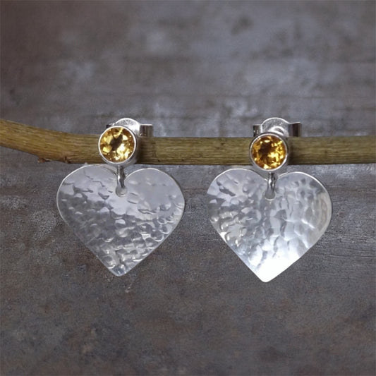 Citrine November birthstone sterling silver heart stud earrings.