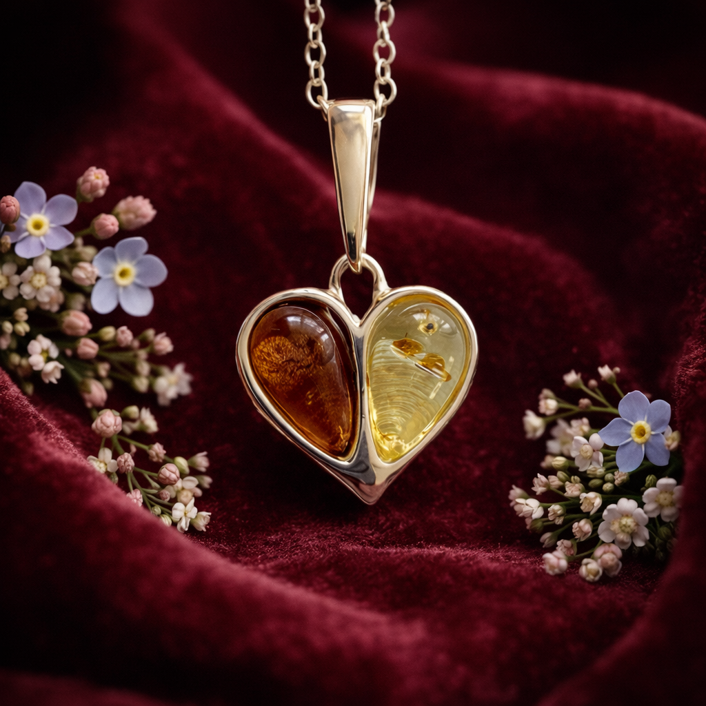 Sterling Silver Baltic Amber Heart Necklace – Yellow & Brown Amber Duo