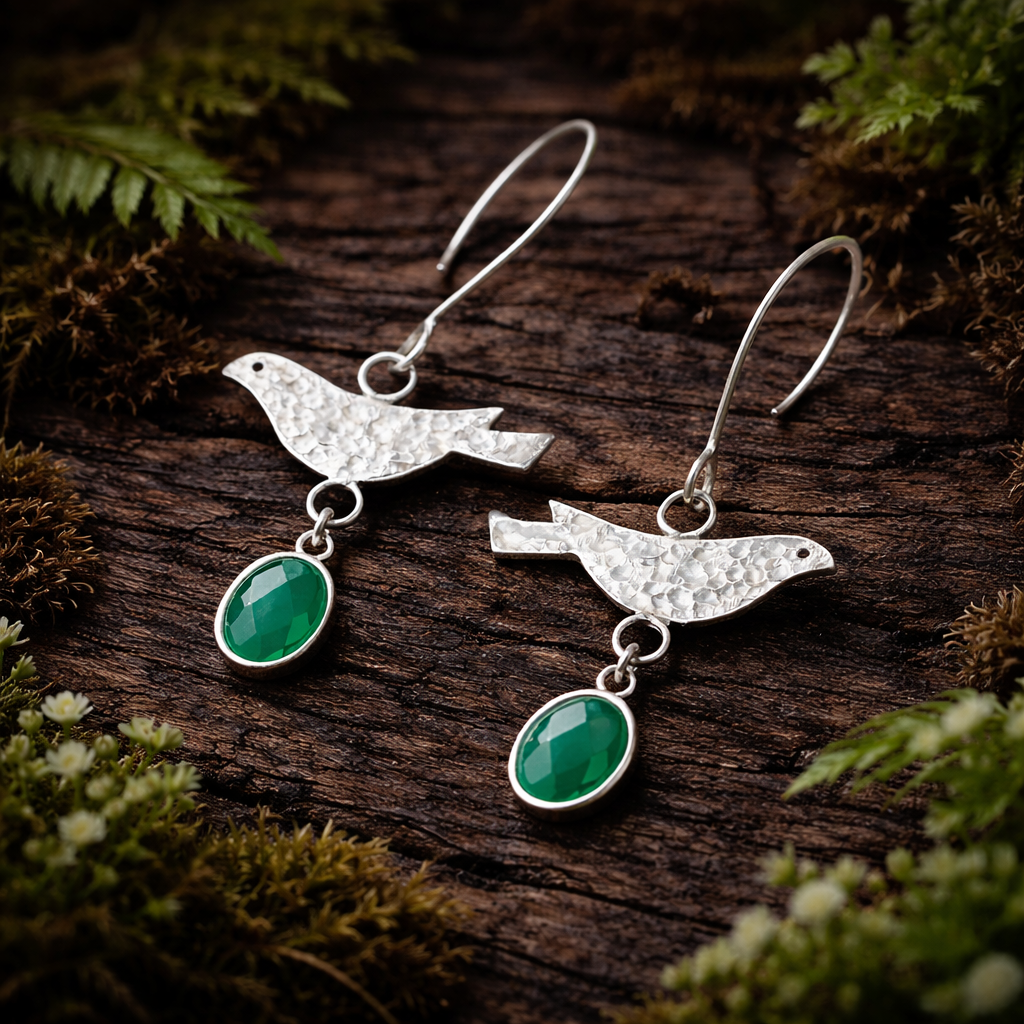 Sterling Silver Green Onyx Bird Dangle Earrings