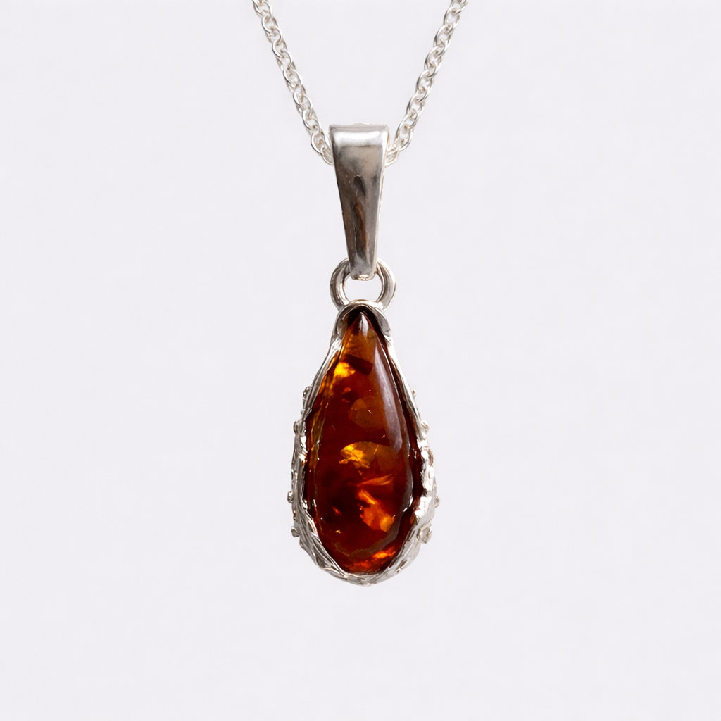 Teardrop Baltic Amber Pendant Necklace in Sterling Silver