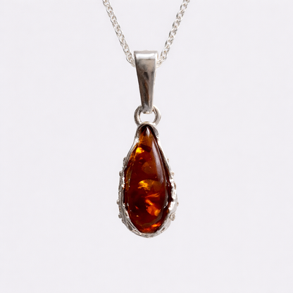 Teardrop Baltic Amber Pendant Necklace in Sterling Silver
