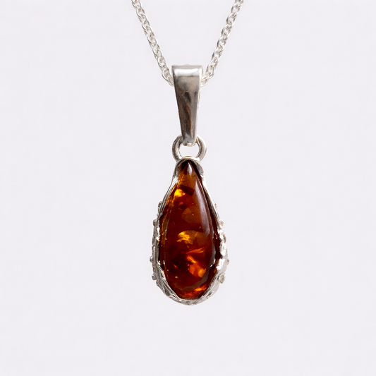 Teardrop Baltic Amber Pendant Necklace in Sterling Silver