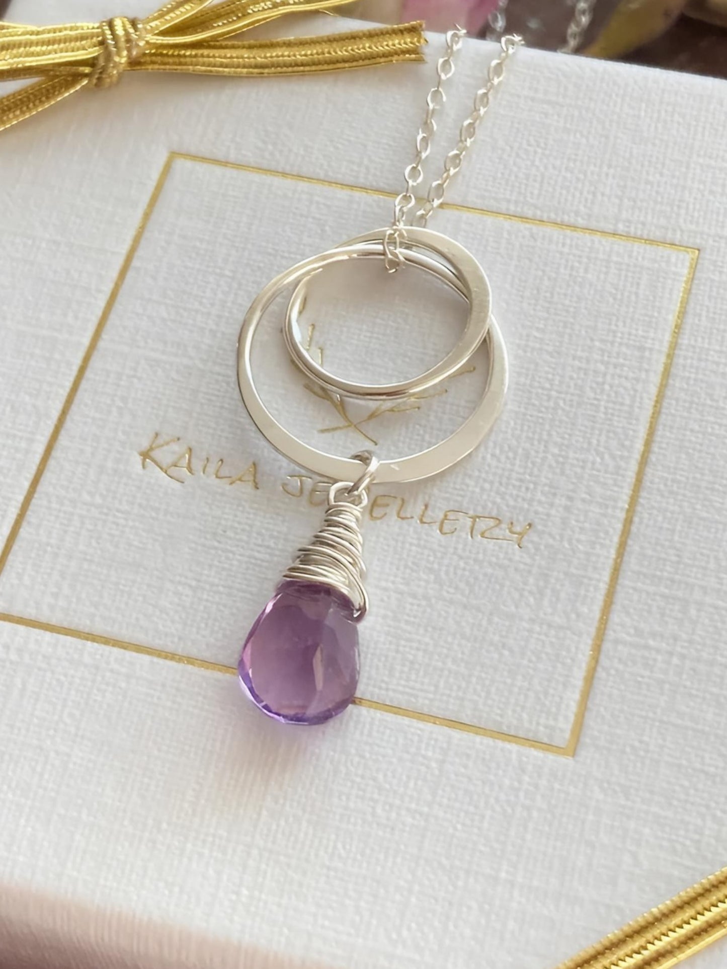 Natural Amethyst Circle Necklace in Sterling Silver and Fine Silver