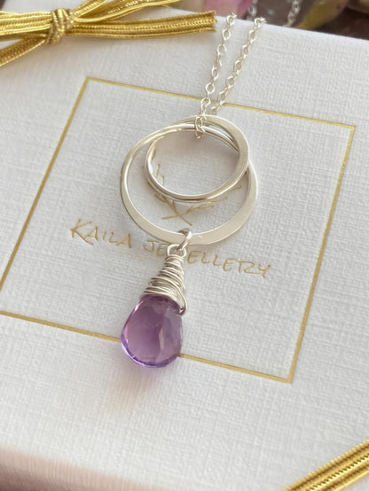 Natural Amethyst Circle Necklace in Sterling Silver and Fine Silver