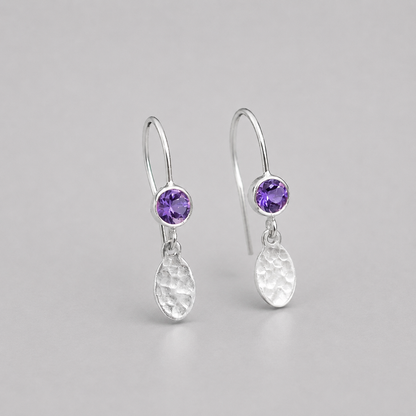 Amethyst February birthstone sterling silver earrings, hammered dangle ovals.