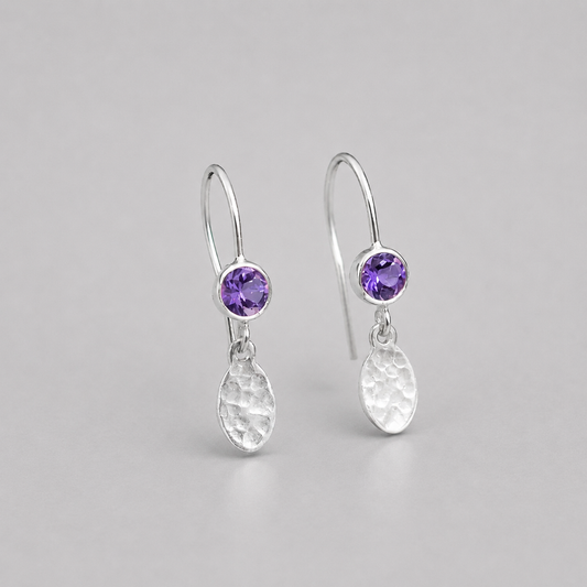 Amethyst February birthstone sterling silver earrings, hammered dangle ovals.