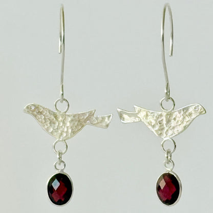 Sterling Silver Bird & Garnet Dangle Earrings