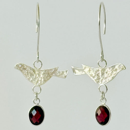 Sterling Silver Bird & Garnet Dangle Earrings