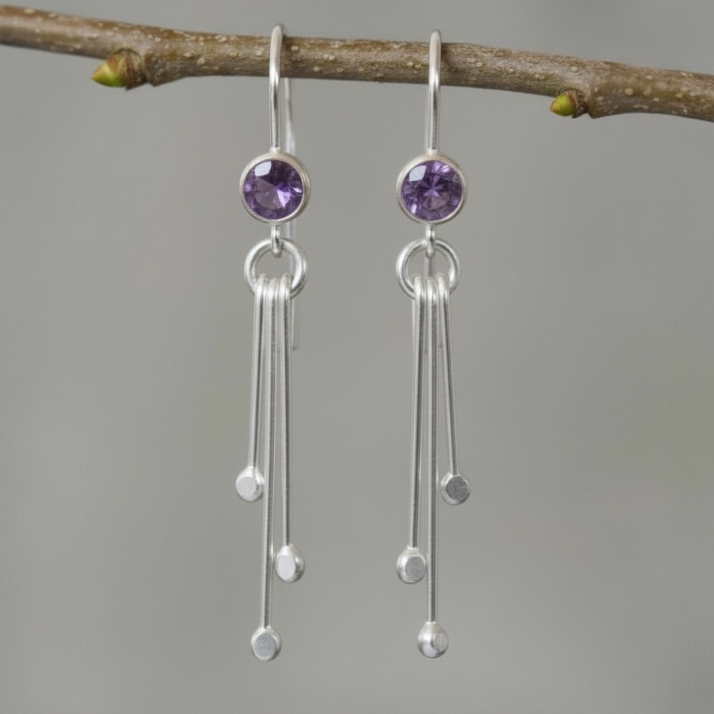 Amethyst birthstone sterling silver dangle earrings.