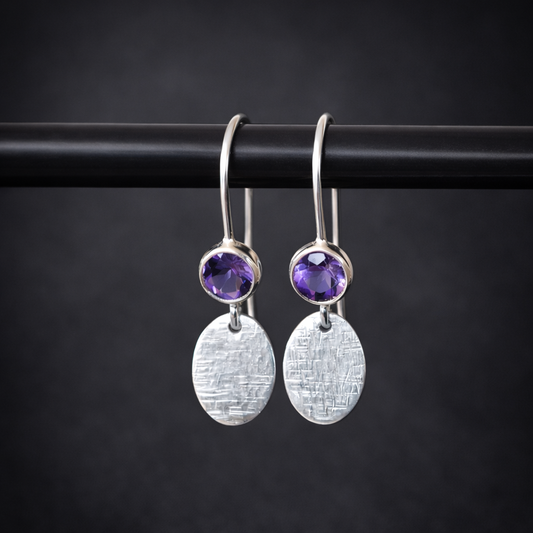 Amethyst sterling silver earrings, hammered oval charm. February birthstone earrings.