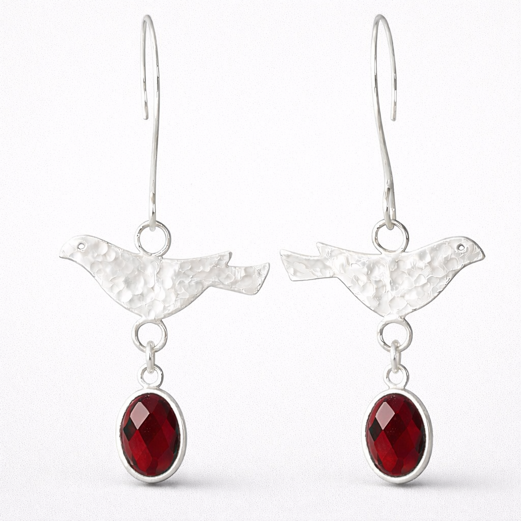 Sterling Silver Bird & Garnet Dangle Earrings