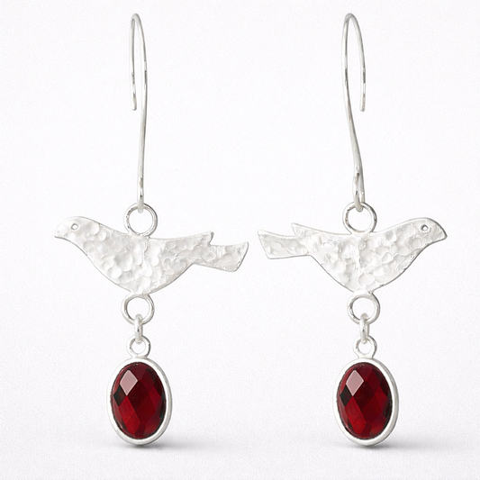 Sterling Silver Bird & Garnet Dangle Earrings