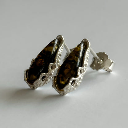 Baltic Green Amber and Sterling Silver Stud Earrings