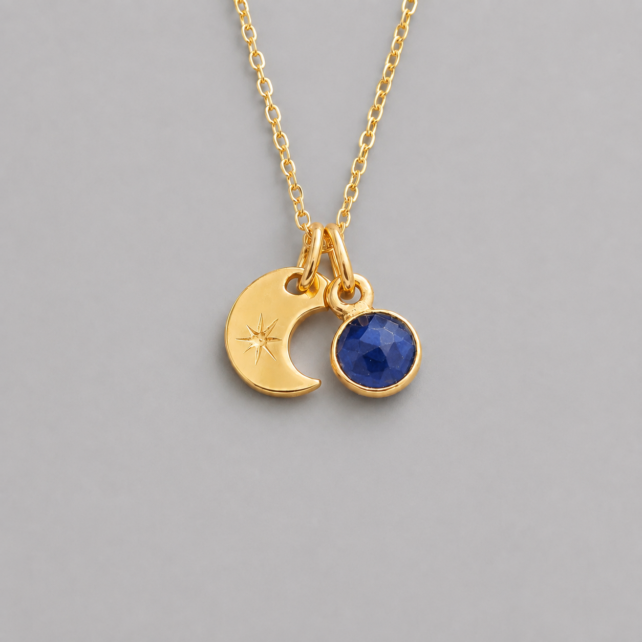 Sapphire, crescent moon, 24k gold vermeil necklace
