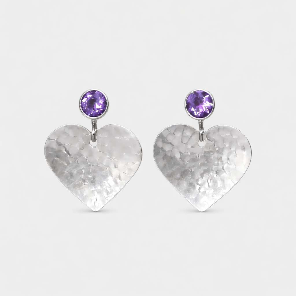 Amethyst February birthstone sterling silver heart stud earrings.
