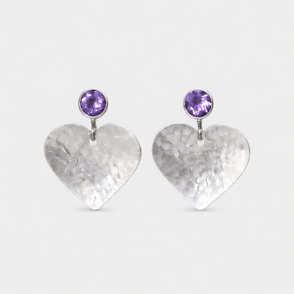 Amethyst February birthstone sterling silver heart stud earrings.