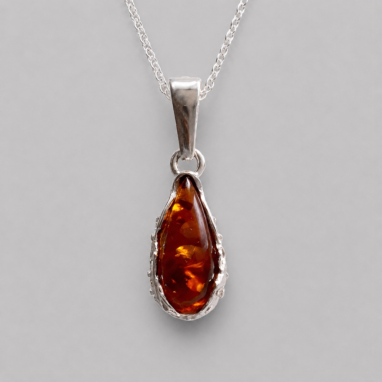 Teardrop Baltic Amber Pendant Necklace in Sterling Silver