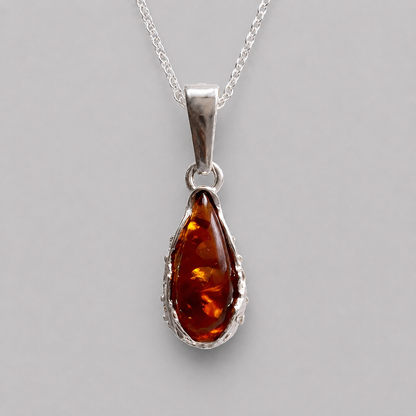 Teardrop Baltic Amber Pendant Necklace in Sterling Silver