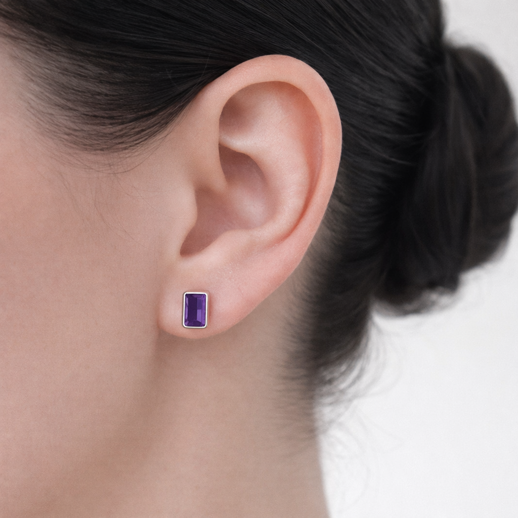 Sterling Silver Amethyst Rectangle Stud Earrings – February Birthstone