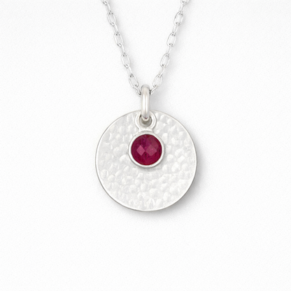 Minimalist Sterling Silver Disc Necklace with Ruby Charm