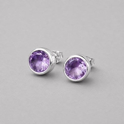 8mm Sterling Silver Amethyst Stud Earrings.