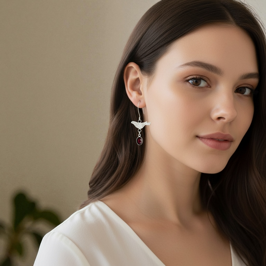 Sterling Silver Bird & Garnet Dangle Earrings