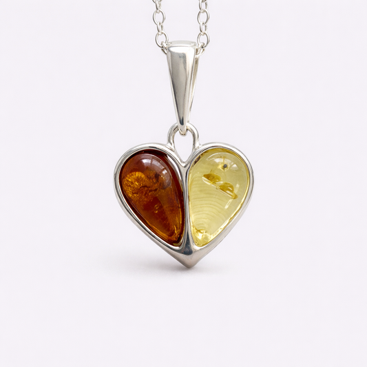 Sterling Silver Baltic Amber Heart Necklace – Yellow & Brown Amber Duo