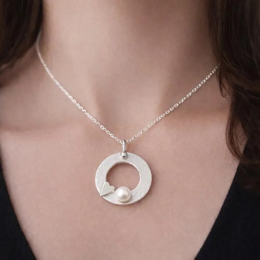 Akoya Pearl Circle Necklace – Sterling Silver Heart Pendant
