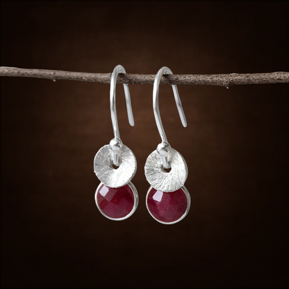 Sterling silver dangle ruby earrings. July birthstone earrings.