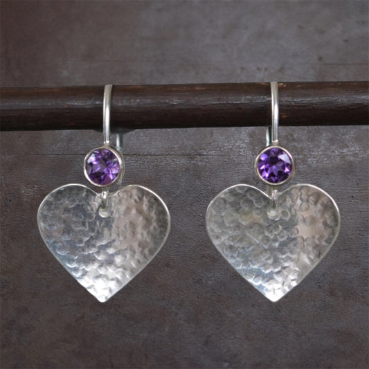 Amethyst sterling silver hammered heart drop earrings.