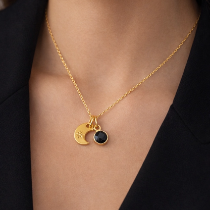 Black onyx and crescent moon charm 24k gold vermeil necklace
