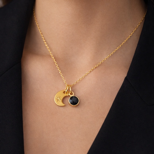 Black onyx and crescent moon charm 24k gold vermeil necklace