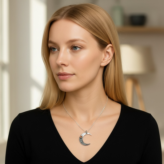 Sunstone crescent moon oxidised sterling silver necklace