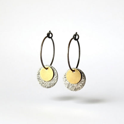 Gold vermeil, oxidised sterling silver disc hoop earrings.