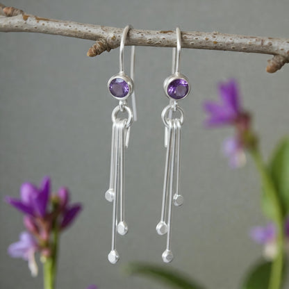 Amethyst birthstone sterling silver dangle earrings.