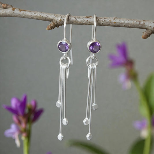 Amethyst birthstone sterling silver dangle earrings.