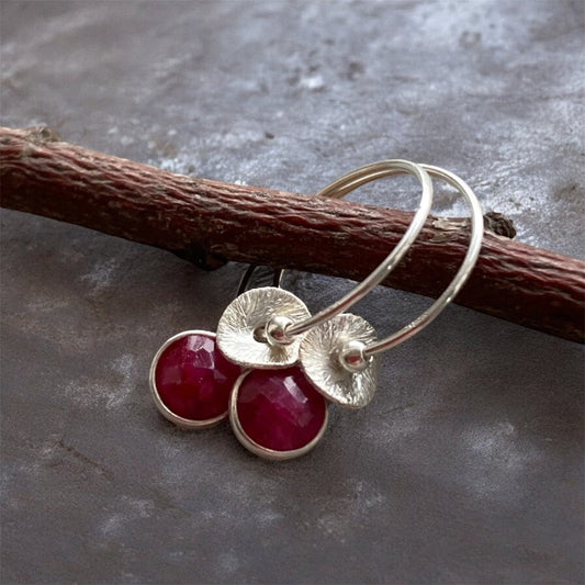 Ruby sterling silver hoop earrings. July birthstone earrings